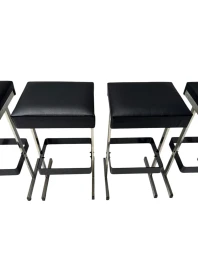 Four Mid-Century Modern Bar Stools with Black Leather Seats, 1970s